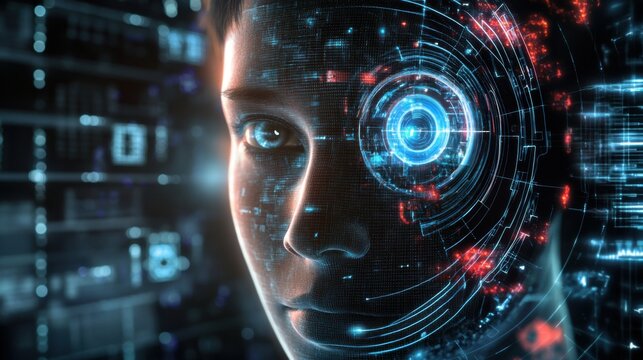 A cybersecurity analyst monitoring AI driven deepfake detection systems, high-tech digital security hub with facial recognition and forensic analysis, High-tech style