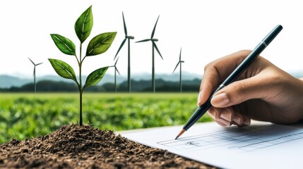 Sustainable growth strategies professional reviewing carbon footprint analysis at desk in nature environment