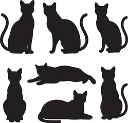 set of black cat, cat, playful, sleeping, walking, fun  silhouette vector illustration with fully editable	
