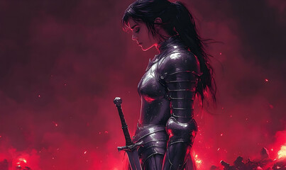 Female knight in fiery battle digital painting