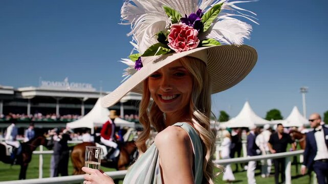 Elegant woman in stylish hat enjoying horse racing event on sunny day