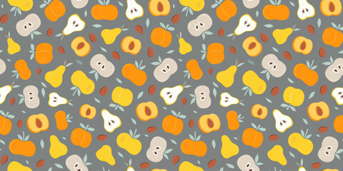 Fototapeta premium Seamless pattern abstract fruits. Apple, pear, peach, apricot. Vitamin natural food, slices and whole fruits. Color vector repeating background.
