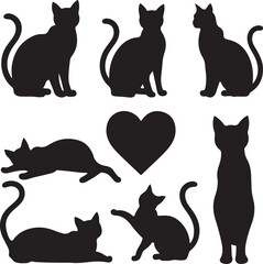 set of black cat, cat, playful, sleeping, walking, fun  silhouette vector illustration with fully editable	
