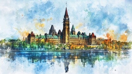 Obraz premium A watercolor painting depicts a building reflecting in the water