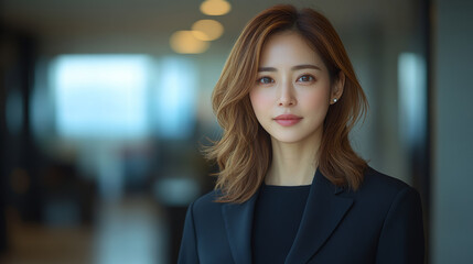 Naklejka premium Confident businesswoman with shoulder length hair, wearing black suit, standing in modern office environment. Her expression conveys professionalism and poise, reflecting strong presence