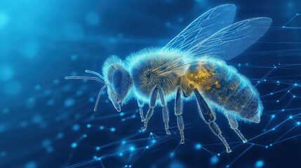 digital bee, graphics illustration, glowing technology background