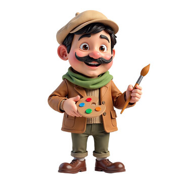 A cheerful cartoon artist holding a paintbrush and palette.  Perfect for children's books, websites, and educational materials.