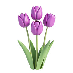Fototapeta premium Four purple tulips in a simple 3D style. Ideal for spring cards and decorations.