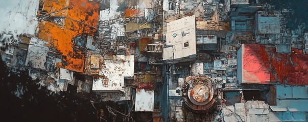 Fototapeta premium Abstract aerial view of a densely packed urban landscape, showcasing a chaotic mix of buildings and structures. Rich textures and vibrant colors create a striking visual.