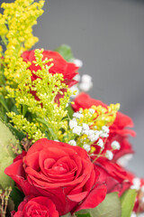 A Close-Up of Red Roses: Vibrant Blooms with Yellow and White Accents, Romantic Floral Arrangement, Capturing the Beauty of Nature's Detail and Color Harmony
