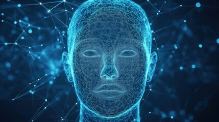 digital human face, glowing lines and face in digital lines.