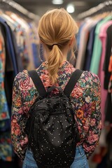 Woman With Backpack Browsing Clothing Racks In A Store