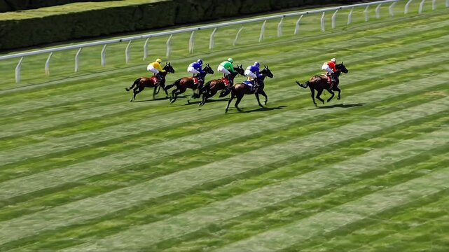 Exciting horse racing scene with jockeys on green turf