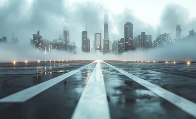 Fototapeta premium Tarmac photo with city background, clear city details, clean sky, realistic style, octane rendering, high resolution, high details, vibrant colors, volumetric light, glossy texture, white floor, techn