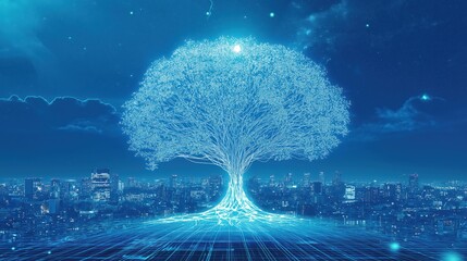 Abstract digital tree glowing blue and white data points, branching to form a futuristic concept.