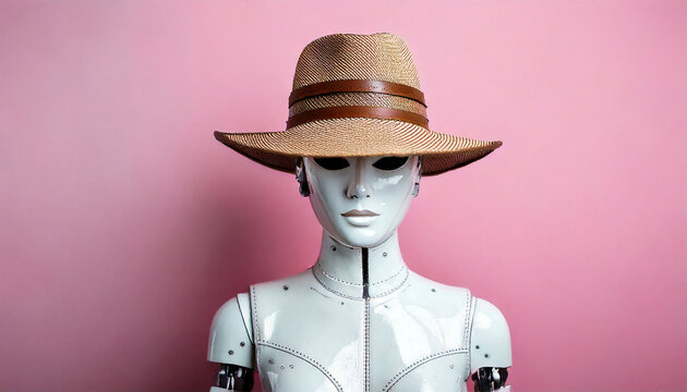 A futuristic humanoid robot wearing a stylish hat. A blend of AI, fashion, and technology, perfect for sci-fi, robotics, and cybernetic-themed concepts in marketing and design.