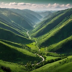 mountain landscape with green grass and clouds