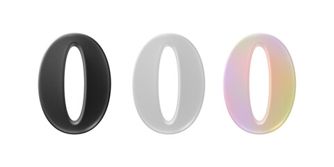 The number '0' (zero) is a three-dimensional, glossy textured numeral with iridescence, black , and white arranged in a sequence and highlighted with reflective surfaces