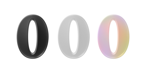 The number '0' (zero) is a three-dimensional, glossy textured numeral with iridescence, black , and white arranged in a sequence and highlighted with reflective surfaces