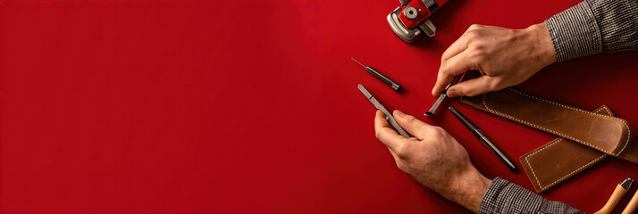 Leather craftsman working on a red desk with copy space