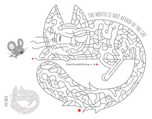 Go through the maze and help the mouse escape from the cat. Fun puzzle for kids. Vector illustration