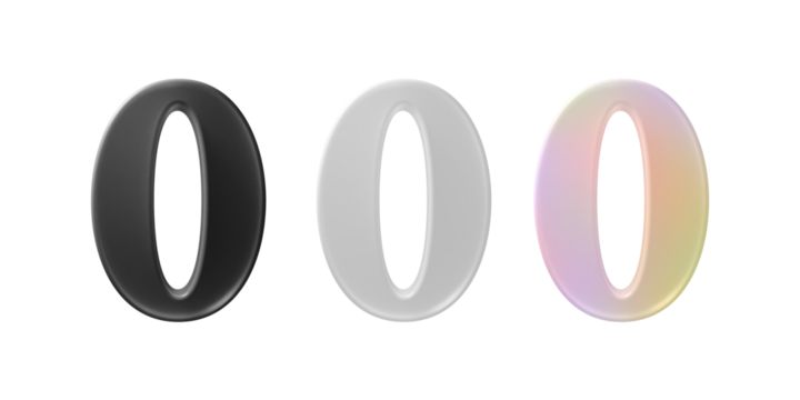 The number '0' (zero) is a three-dimensional, glossy textured numeral with iridescence, black , and white arranged in a sequence and highlighted with reflective surfaces