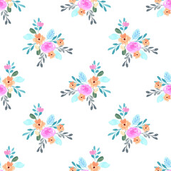 Sweet flower watercolor seamless pattern on white background. Watercolor seamless pattern for beauty products or other.