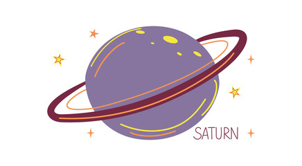 Space, universe. Planet Saturn, stars, inscription. Cosmonautics Day. Cartoon vector illustration, funny children's style.