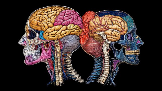 Evolution of human brain A detailed digital illustration showing the increasing complexity of the human brain from early hominids to modern intelligence