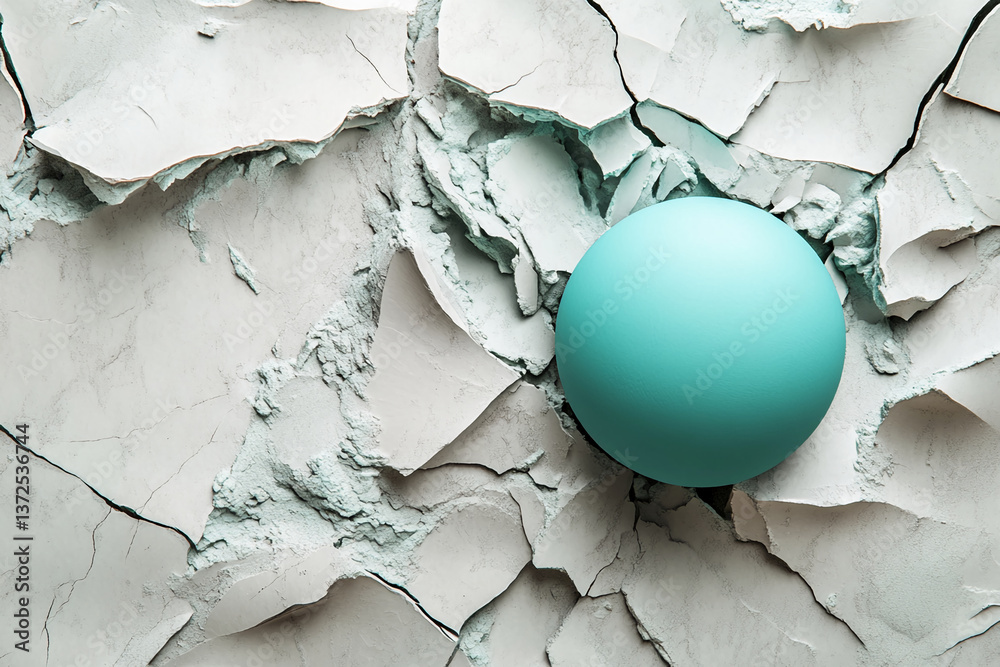 Poster Aqua sphere rests on cracked, pale-grey textured surface, creating an abstract visual, ideal for product display or design background