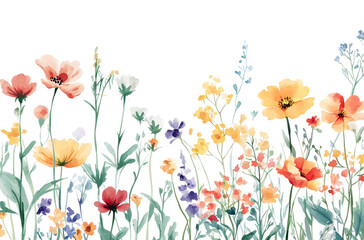 Watercolor garden scene with wildflowers, white background