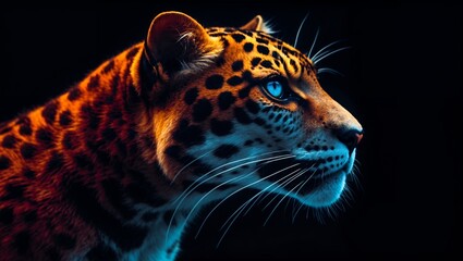 Obraz premium Leopard Portrait with Striking Blue Eyes and Orange Fur on Black