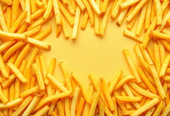 Obraz premium Golden french fries form a dense, appetizing background pattern, oily, yellow