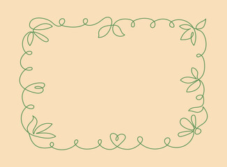Simple  plant ornament. Frame, border, line art. Flowers, leaves, hearts, spirals, lines, curls. One line drawing. Banner, place for text. Color isolated background.