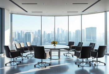 Modern minimalist meeting room, panoramic city view, natural light, desk, elegant