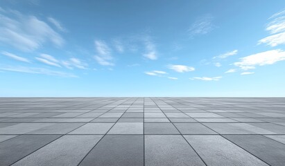 Fototapeta premium A minimalist, modern architectural design with gray concrete walls and gray floor tiles, set against a blue sky