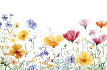 Fototapeta premium Watercolor garden scene with wildflowers, white background