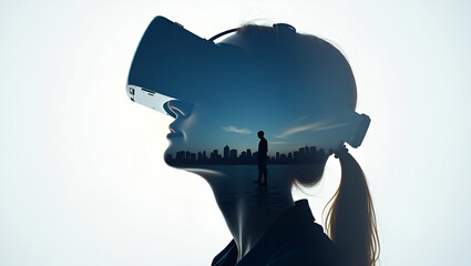 Photo realistic as Silhouette of a person and a virtual reality headset symbolizing cutting edge technology in double exposure with copy space. concept as A silhouette of a person blended with a virtu