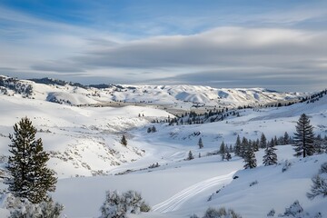 Snowy hills landscape with valleys and scattered pine trees under clouds