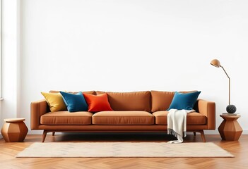 Neutral brown sofa with colorful throw pillows against a minimalist white wall Modern mid-century interior Perfect for mockup, mockup, illustration