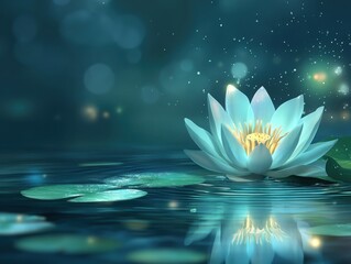 Serene lotus blossom floating on tranquil water reflecting light in a dreamy ethereal scene of calm meditation and spiritual peace