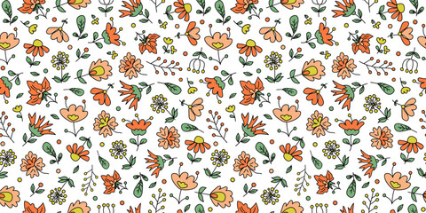 Floral seamless pattern. Colorful abstract flowers, drawing, doodle. Bright plant botanical vector background for printing packaging, wallpaper, textile.