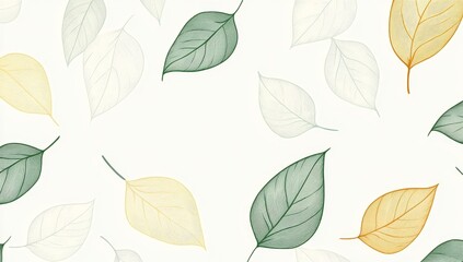 Delicate autumnal leaves pattern.  Soft, muted colors create a gentle, airy feel.  Various shades of green, beige, and yellow