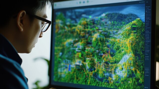 A data scientist creating machine learning algorithms for real time traffic optimization in smart cities, high-tech traffic control center with live traffic data, High-tech style