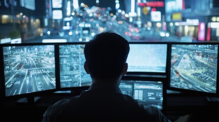 A data scientist creating machine learning algorithms for traffic congestion prediction, high-tech smart city center with live traffic data, High-tech style