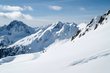Fototapeta na wymiar Snowy mountain peaks under blue sky with scattered clouds above