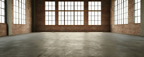 A spacious interior featuring large windows and brick walls, providing an open and bright atmosphere with a polished concrete floor.