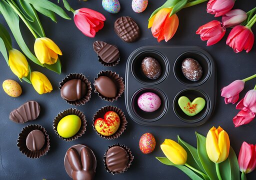 Colorful spring treats: assorted chocolates and vibrant tulips on a dark background.