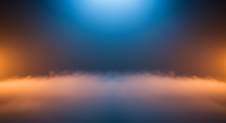 Soft, atmospheric fog rising from the bottom of the frame. The mist is illuminated by moody blue and orange lighting.