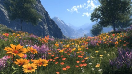 Fototapeta premium Serene Mountain Vista with Vibrant Wildflower Meadow Under a Clear Blue Sky Offering a Peaceful Escape and Scenic Beauty for Nature Lovers